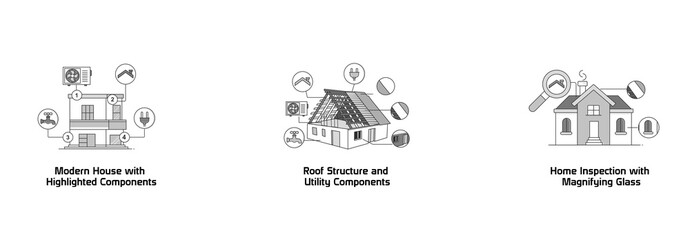 Modern Home Evaluation. Modern House with Highlighted Components, Home Inspection with Magnifying Glass, Roof Structure and Utility Components