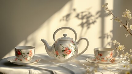 Fototapeta premium Elegant Tea Set with Floral Design on a Soft Surface Highlighted by Natural Light