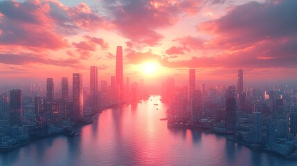 Fototapeta premium Breathtaking Sunset Over a Thriving Metropolis Skyline with Majestic Skyscrapers and Glowing Reflections on the River