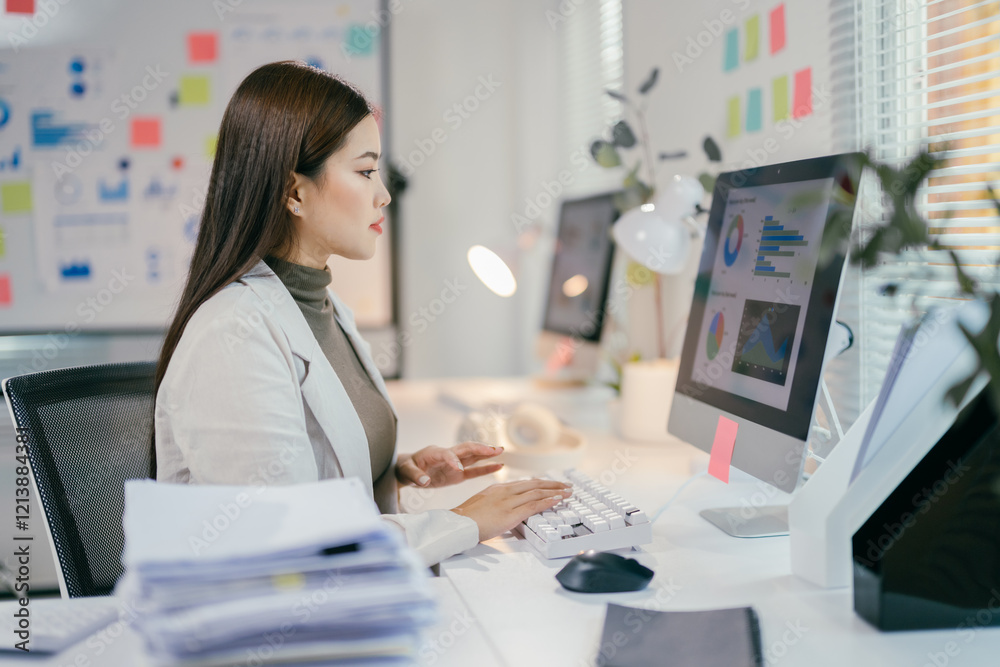 Poster asian businesswoman analyzing charts and graphs on computer, improving efficiency and productivity i