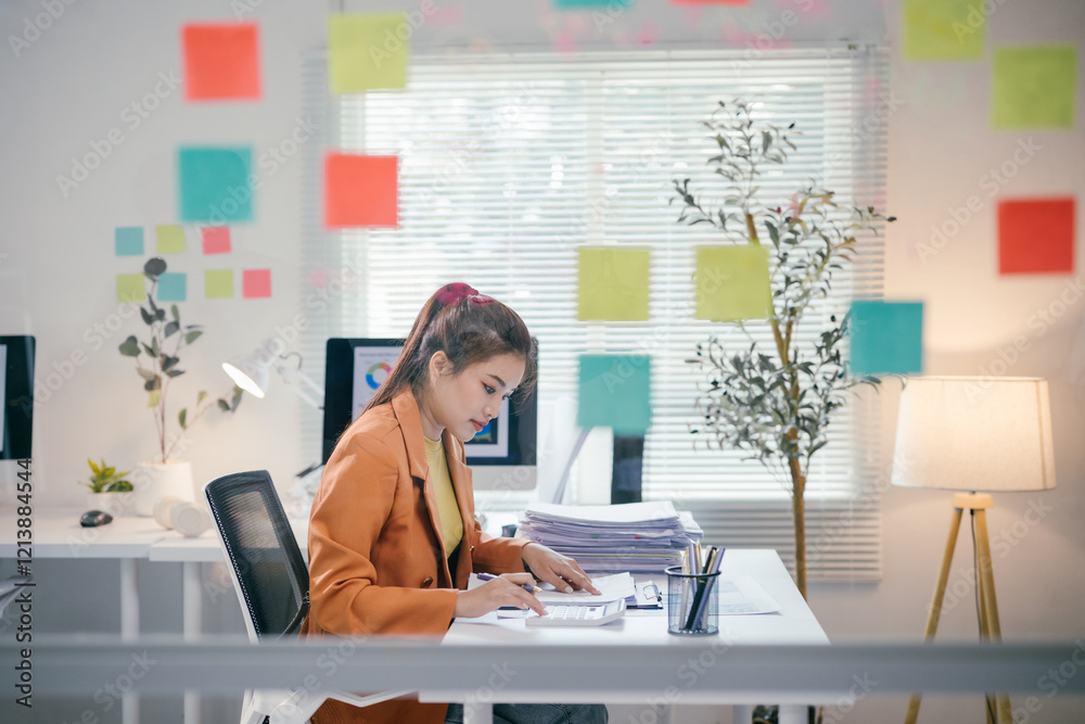 Poster young professional working with financial documents and calculator in a bright modern office with co