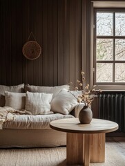 Scandinavian style country house interior design with modern living room. Round wooden table near the sofa, brown paneled wall.