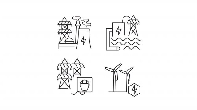 Sustainable power generation animation set. Energy production plants animated line icons. Environmental friendly. Black illustrations on white background. HD video with alpha channel. Motion graphic