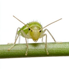 Fototapeta premium Detailed Close-up of a Light Green Insect on a Plant Stem