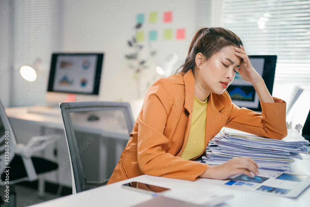 Poster Young office worker suffering from headache while working with documents and computer at workplace