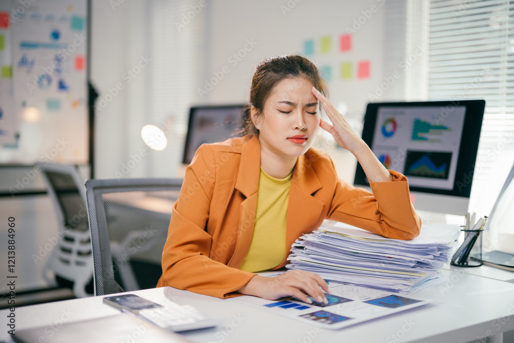 Aufkleber young professional suffering from headache while working with documents and computer in modern offic