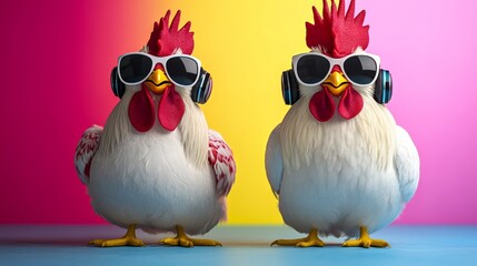 Two chickens wearing sunglasses and headphones. Scene is lighthearted and fun. The chickens are posing for a photo, and their sunglasses and headphones give them a cool and hipster vibe