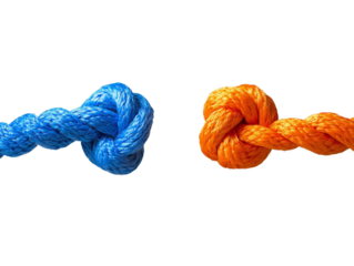 Close-up of blue and orange rope knots.