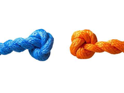Close-up of blue and orange rope knots.