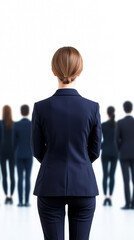 Fototapeta premium A professional woman stands confidently with her back to a group of indistinct individuals, symbolizing leadership and teamwork.