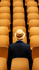 Fototapeta premium A man in a hat sits alone in a sea of orange chairs, creating a striking visual contrast and evoking feelings of solitude and reflection.
