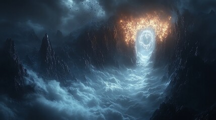 Fototapeta premium Fiery portal in dark, mountainous landscape.