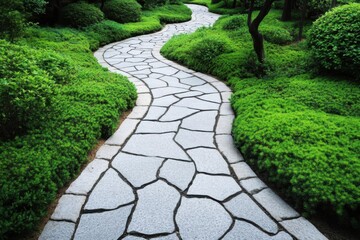 Obraz premium Stone Path Winds Through Lush Green Garden, Serene Pathway, Tranquil Garden Walk.