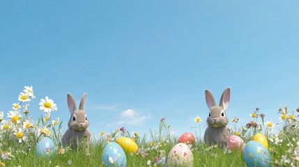 Easter bunnies in a colorful spring meadow with decorated eggs symbolizing joy, renewal, and celebration of Easter traditions