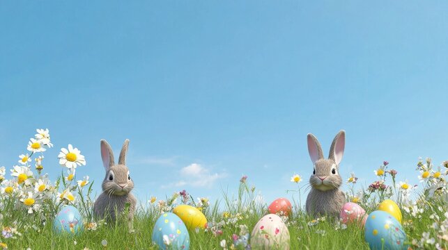 Easter bunnies in a colorful spring meadow with decorated eggs symbolizing joy, renewal, and celebration of Easter traditions