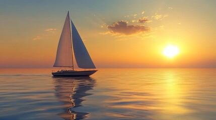 A sailboat gliding across calm, clear waters during a sunset, evoking a sense of smooth sailing and tranquility