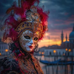 Selbstklebende Fototapeten Venetian Masquerade Mask at Sunset in Venice © Suwanna369