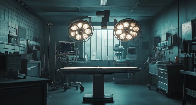 Dark, empty operating room with surgical table, lights, and medical equipment.