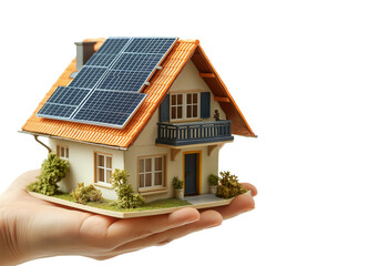 Hand holding miniature house model with solar panel on roof
