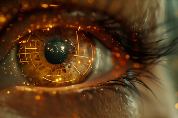 Ultra close up on eye retina with tech reflection