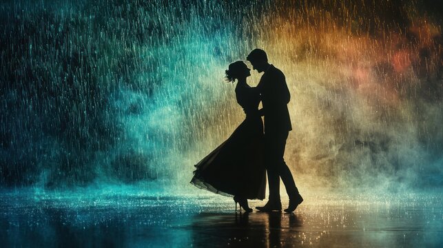 A scene from a romantic movie featuring a couple dancing in the rain, filled with passion and emotion.