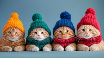 Fototapeta premium Four cats wearing hats and scarves are standing next to each other. The hats are in different colors, and the cats are all looking at the camera. Concept of warmth and coziness