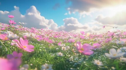 Obraz premium A vibrant field of cosmos flowers swaying gently in the breeze under a sunny sky 