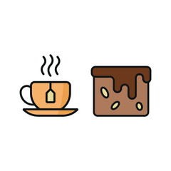 Tea mug drink and brownies food icons with a warm and comforting design