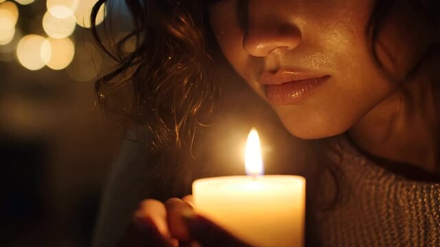 A serene and intimate portrait of individuals holding a glowing candle, surrounded by warm ambient light. The peaceful atmosphere emphasizes mindfulness, relaxation, and self-reflection