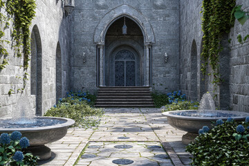 Fototapeta premium A view of an ornate courtyard with a fountain, surrounded by stone architecture.