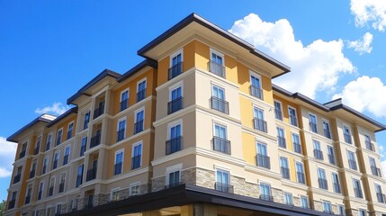 Fototapeta premium Sunny day, modern hotel exterior, blue sky, clouds, real estate