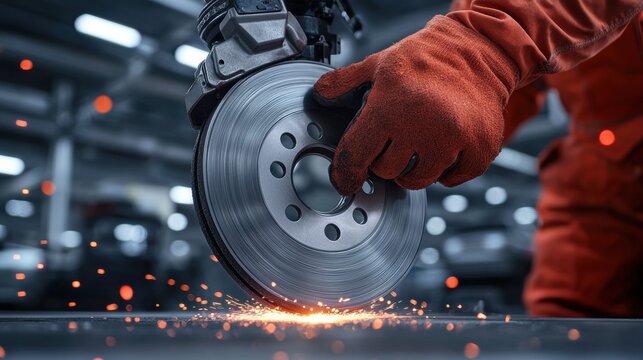 Brake disc sharpening process by experienced mechanic in workshop