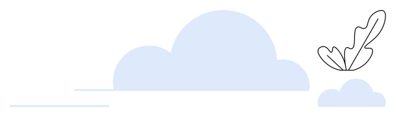 Blue cloud shapes and a black-lined feather with minimalistic lines suggest simplicity and serenity. Ideal for themes of calm, lightness, freedom, minimalism, relaxation, nature, and abstract line
