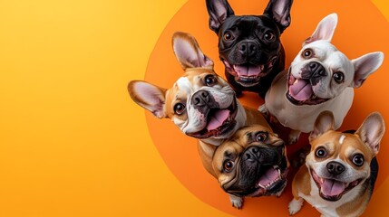 A group of dogs are smiling and looking at the camera. The dogs are of different colors and sizes, and they are all standing close together. Concept of happiness and camaraderie among the dogs