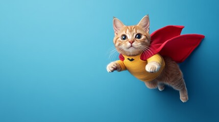 Fototapeta premium A cat in a yellow and red superhero costume is flying through the air. The image has a playful and whimsical mood, as it is not a typical scene of a cat wearing a costume