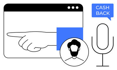 Large pointing hand, male avatar, speech bubble with CASH BACK text, microphone icon. Ideal for communication, customer service, support, notifications, transactions voice search announcements