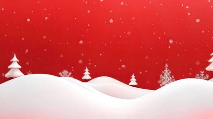 Snowy winter landscape, red background, falling snow, Christmas card