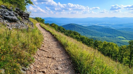 Fototapeta premium A scenic nature trail along a mountain ridge, offering breathtaking views of the valley below and the horizon beyond