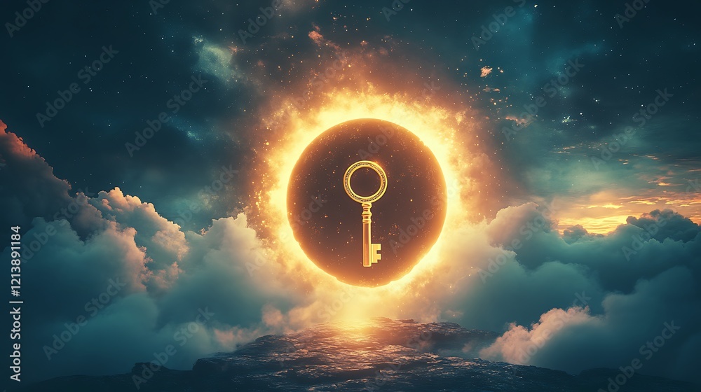 Wall mural glowing sky with a floating golden key near a giant keyhole representing the unlocking of new worlds