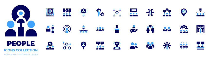 People icon collection. Bold style. Duotone colors. cinema, team, teamwork, couple, population, customer, lectern, conference, idea, gear, jigsaw, target, group