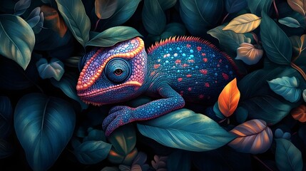 Vibrant Chameleon Camouflaged in Lush Jungle Foliage Digital