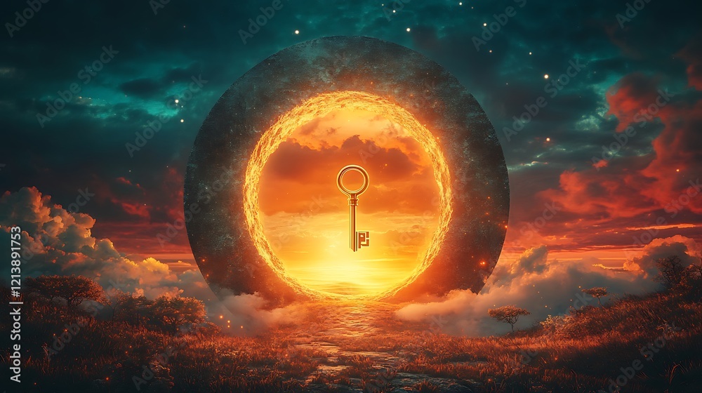 Wall mural glowing horizon and a floating golden key near a giant keyhole representing the unveiling of new pos