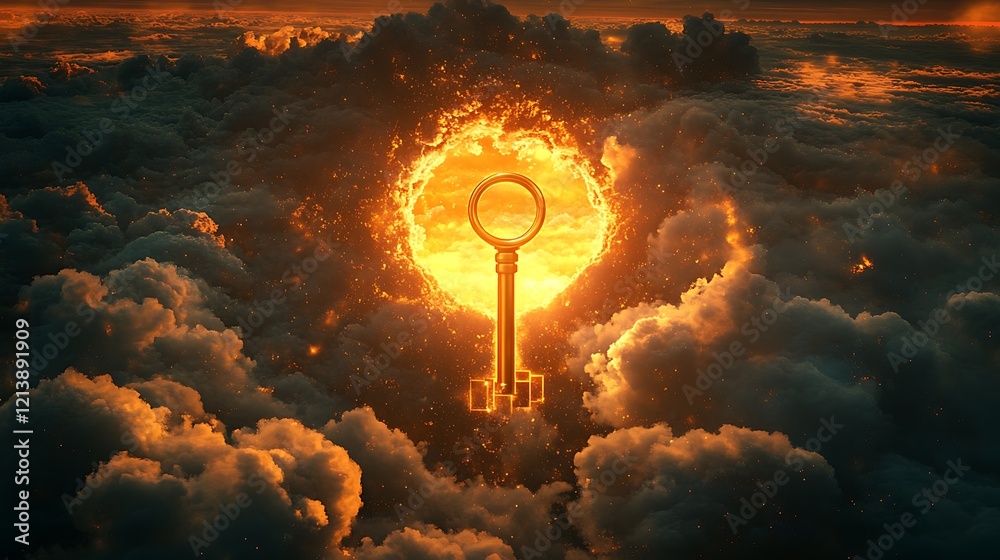 Wall mural radiant golden key floating near a gigantic keyhole embedded in the glowing sky representing the unl
