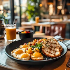 Sunny-side-up eggs with grilled bread, fresh vegetables, and greens on a black plate in a cozy café setting