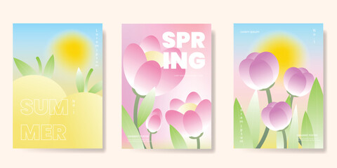 Abstract colorful gradient flower card background set. Minimalist poster with tulip flower. Modern summer and spring wallpaper design for home decoration, website, banner, ads.