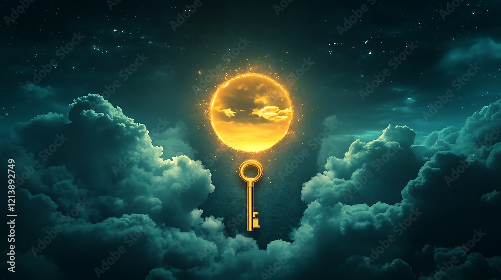 Wall mural glowing keyhole embedded in the sky with a floating golden key symbolizing the discovery of new poss