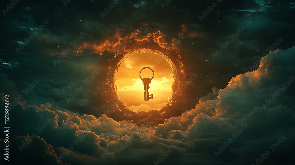 Wall mural glowing keyhole embedded in the sky with a floating golden key symbolizing the discovery of new poss