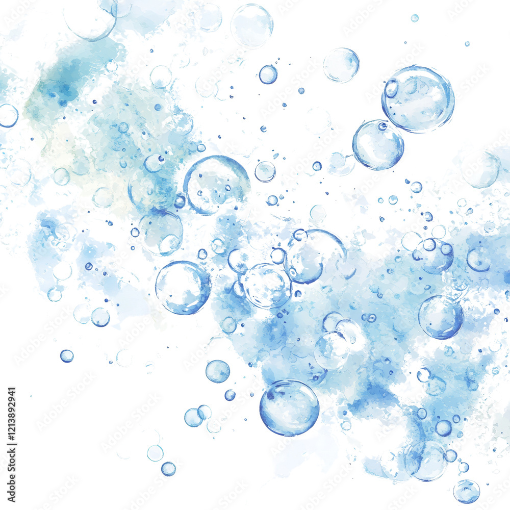 Poster an abstract watercolor painting depicting numerous blue bubbles of varying sizes floating against a 