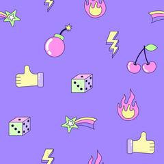 Fototapeta premium Seamless pattern with vintage flower and rainbow in style of 90s. Multicolored elements on purple background. Retro illustration with outline in 90s style. Vector illustration.