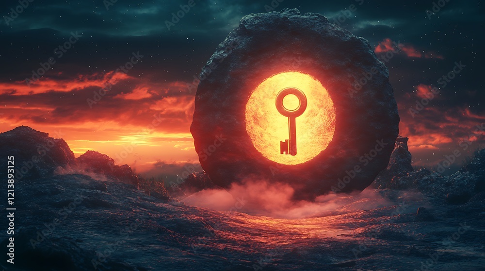 Wall mural glowing horizon and a large keyhole with a floating golden key representing the unlocking of hidden 